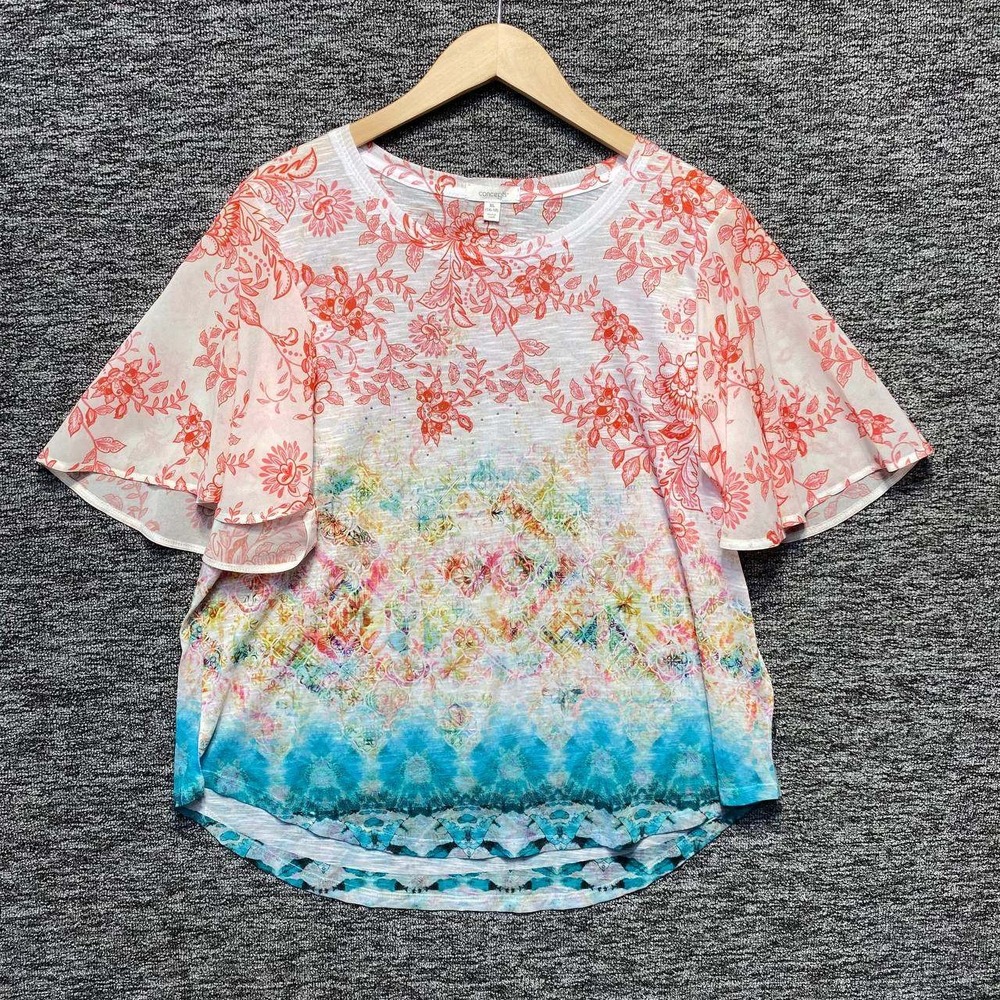 Concepts Flutter Sleeve Top Women XL Multi Floral Tie Dye‎ Boho Casual Blouse